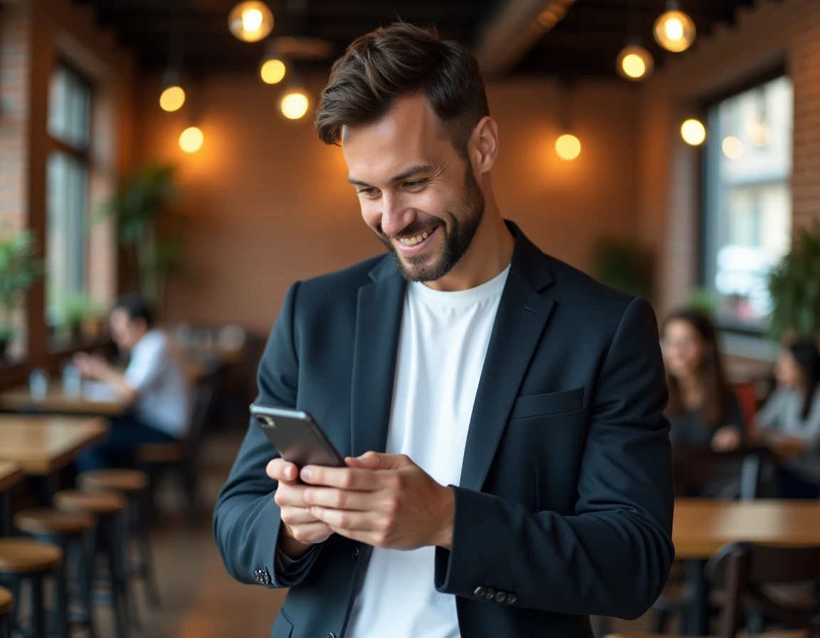 Homme consultant un site web populaire sur smartphone dans un café urbain moderne