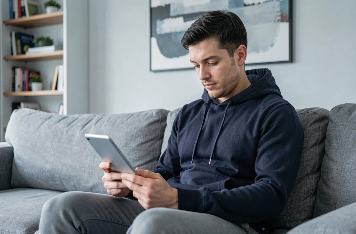 Homme naviguant sur un site de vente en ligne depuis son salon avec une tablette numérique