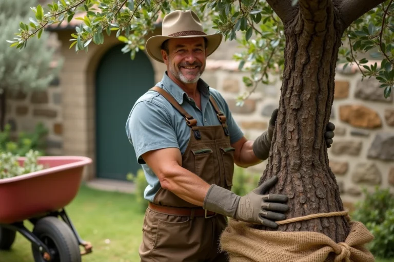 Homme en vêtements de travail plantant un olivier mature