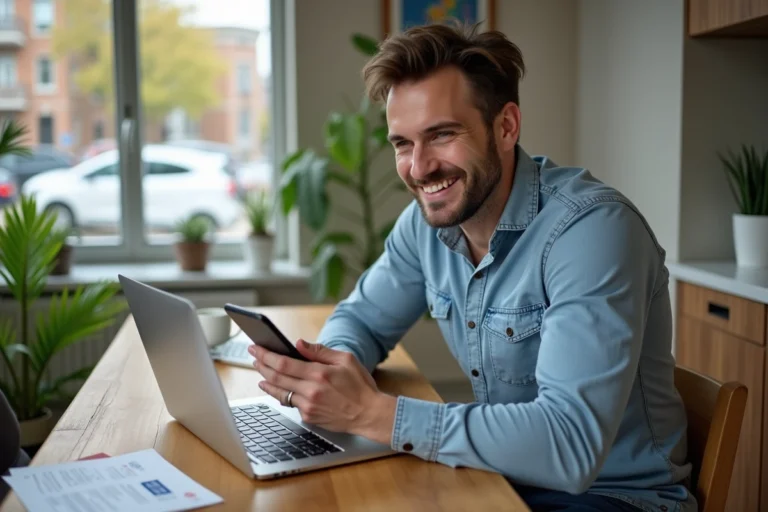 Homme souriant avec ordinateur et smartphone dans la cuisine