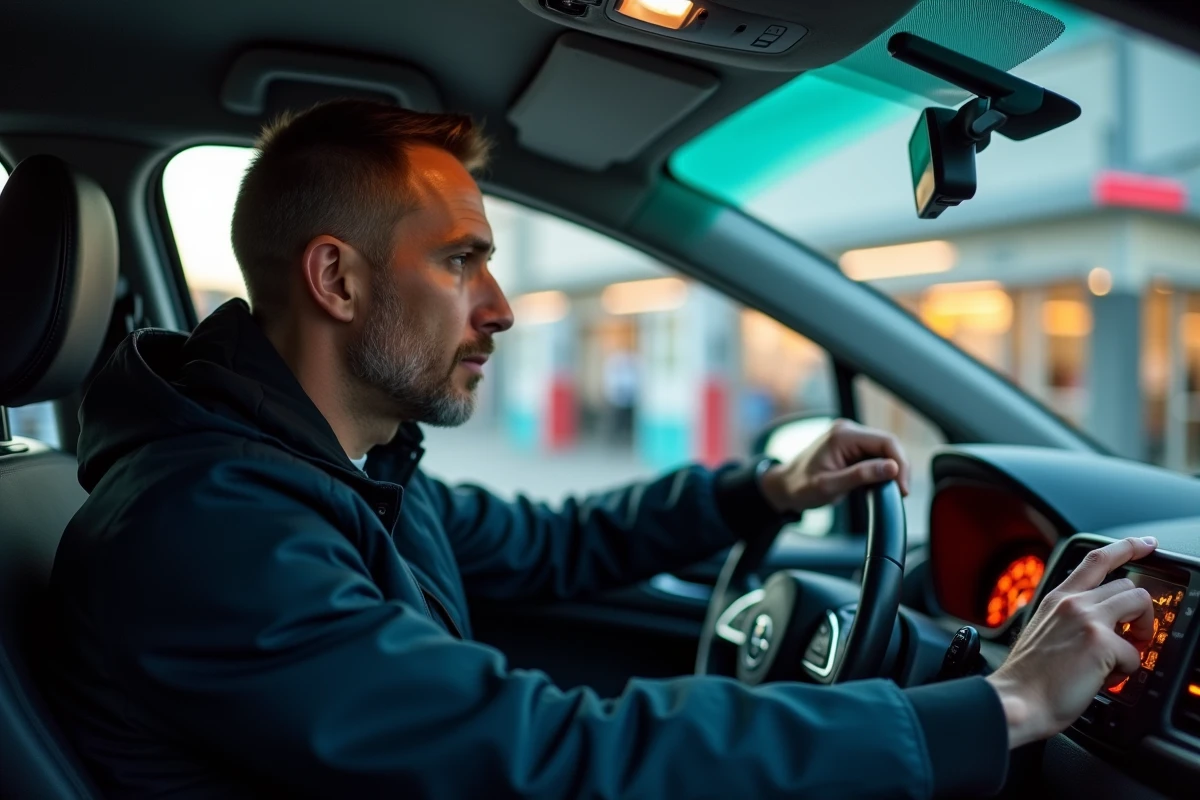 Homme regardant la lumière de faible carburant dans sa voiture