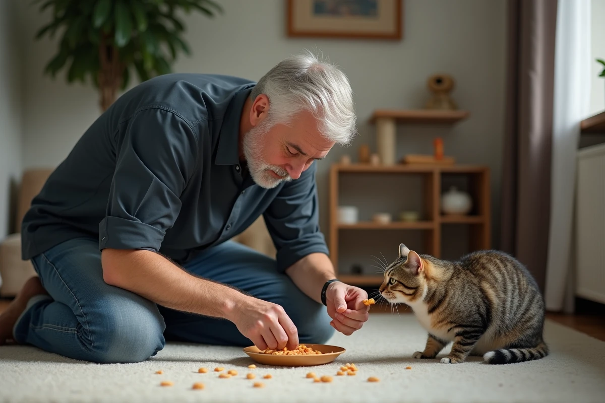 Homme adulte donne de la pâtée à son chat dans le salon