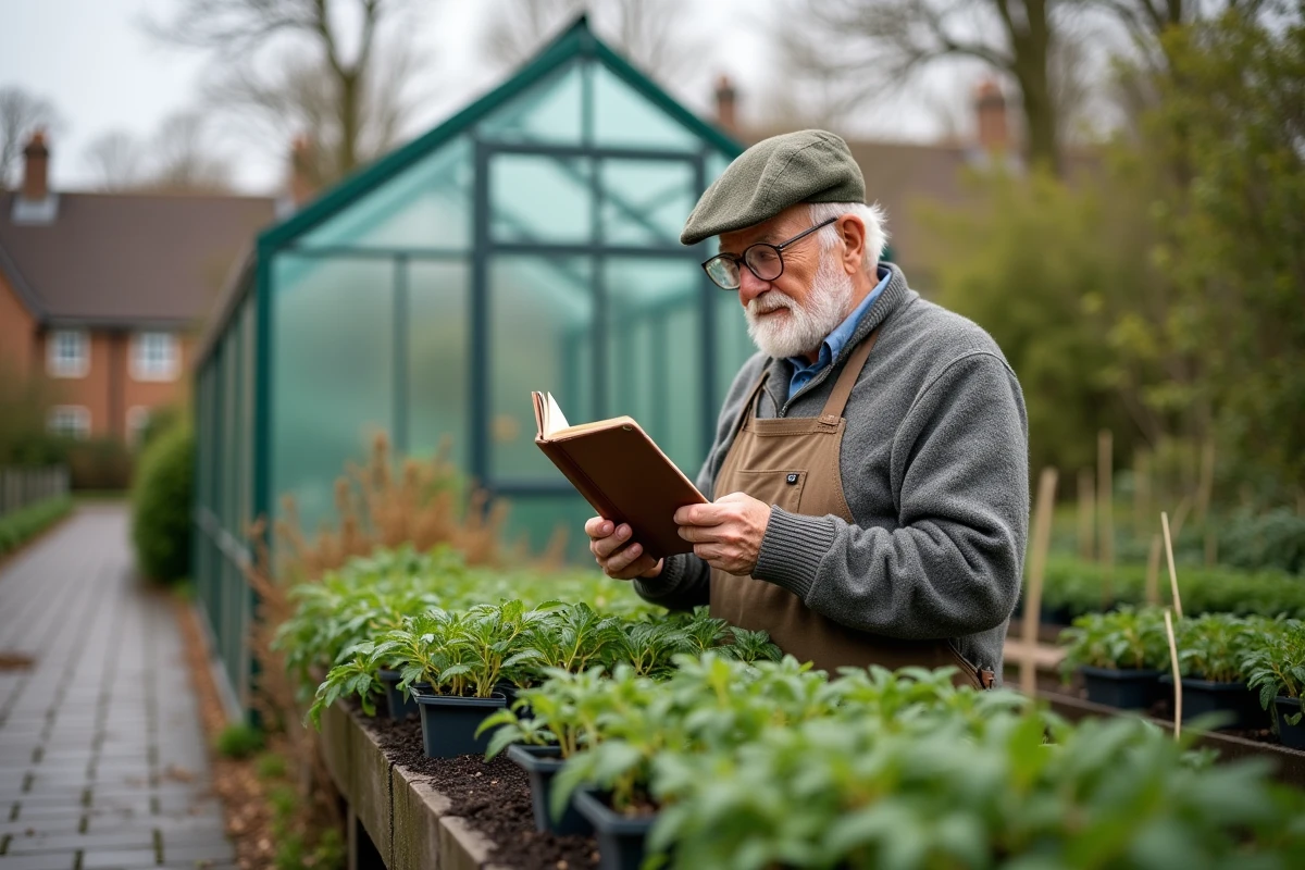 Homme âgé inspectant ses plants de tomates dans une serre