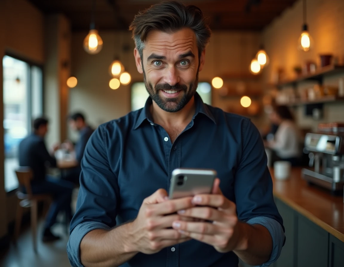 Homme surpris regardant son smartphone dans un café en découvrant une actualité décalée virale