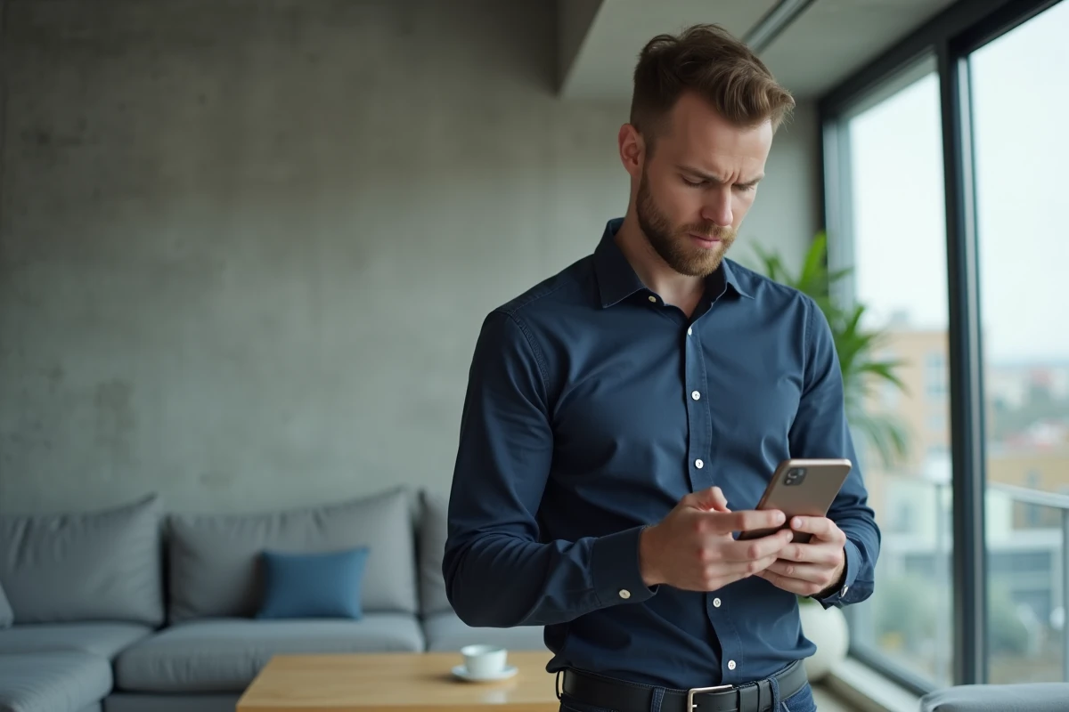 Homme vérifiant une commande en ligne sur smartphone dans un appartement moderne