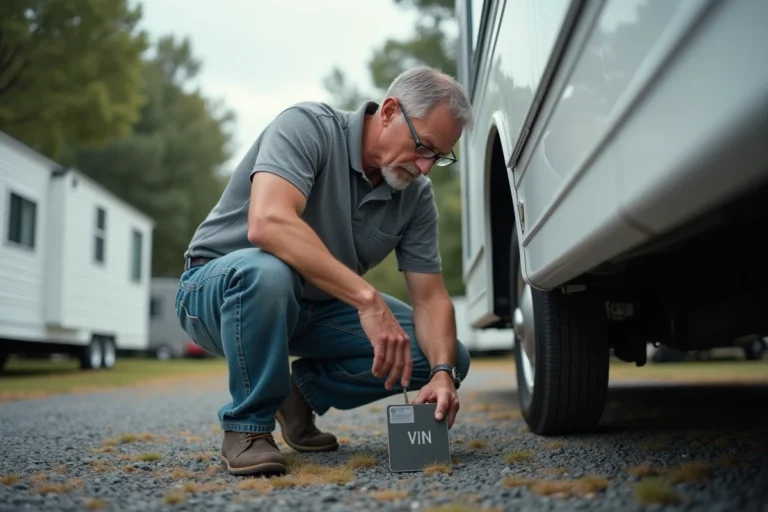 Homme inspectant le numéro de châssis d'un mobil-home pour déterminer son année de fabrication
