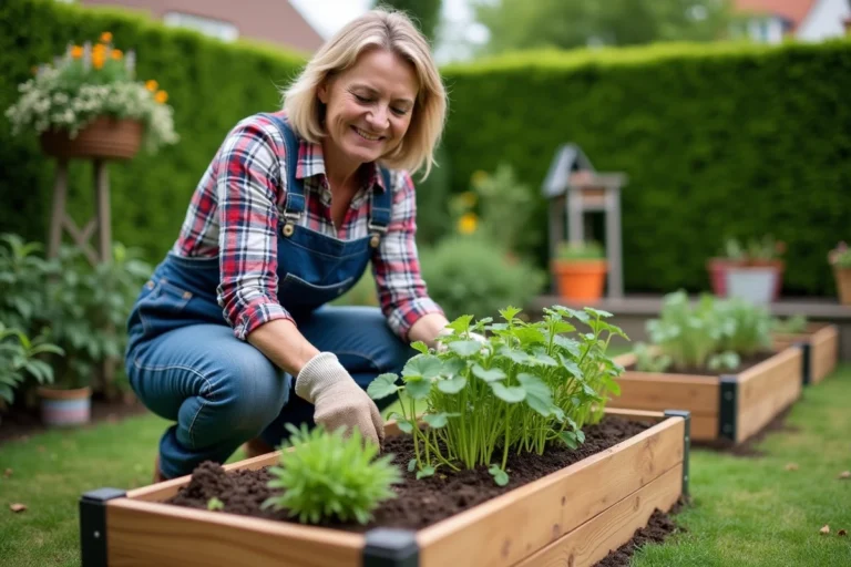 Femme en salopette plantant des herbes dans un jardin