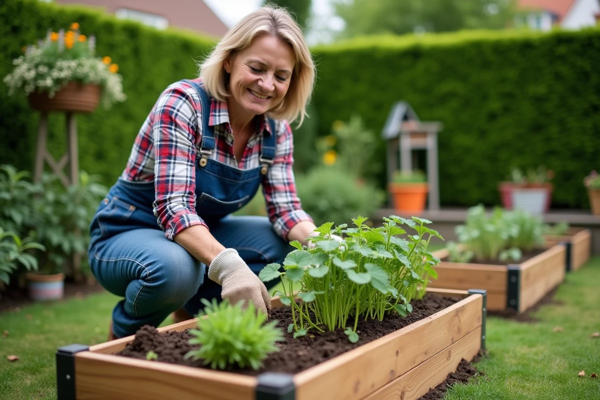 Femme en salopette plantant des herbes dans un jardin