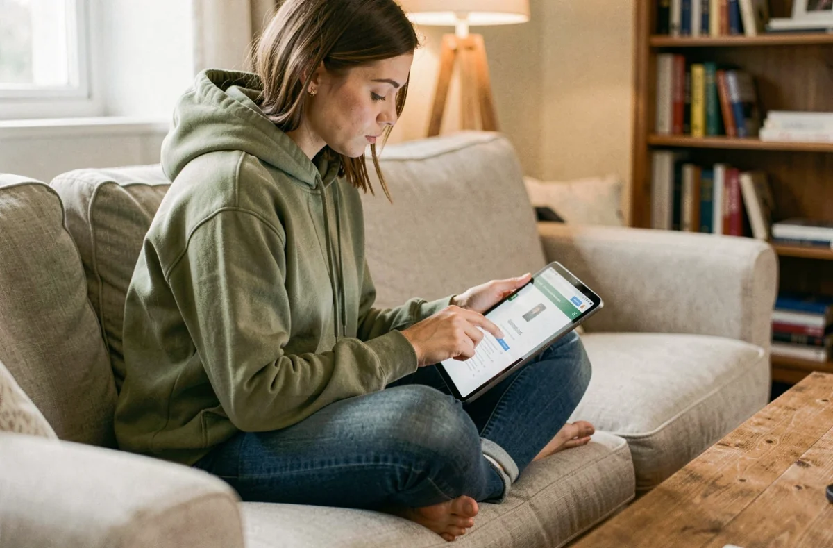 Jeune femme parcourant le plan du site d'un média en ligne depuis une tablette dans son salon