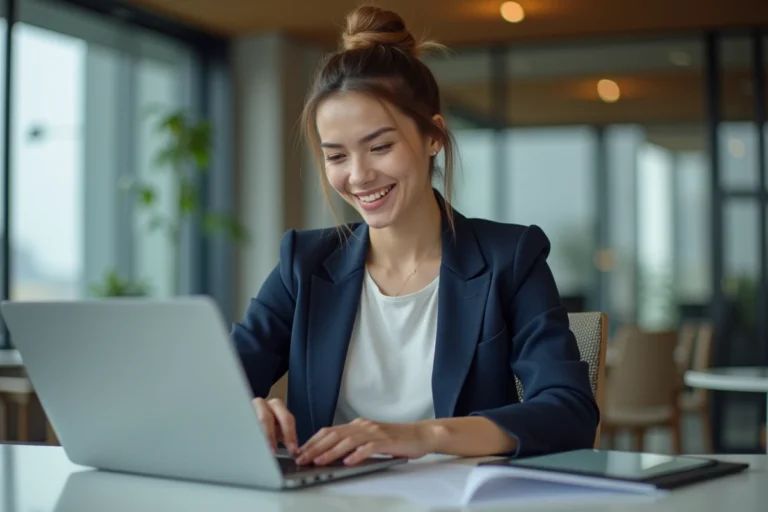 Jeune femme en blazer bleu au bureau moderne