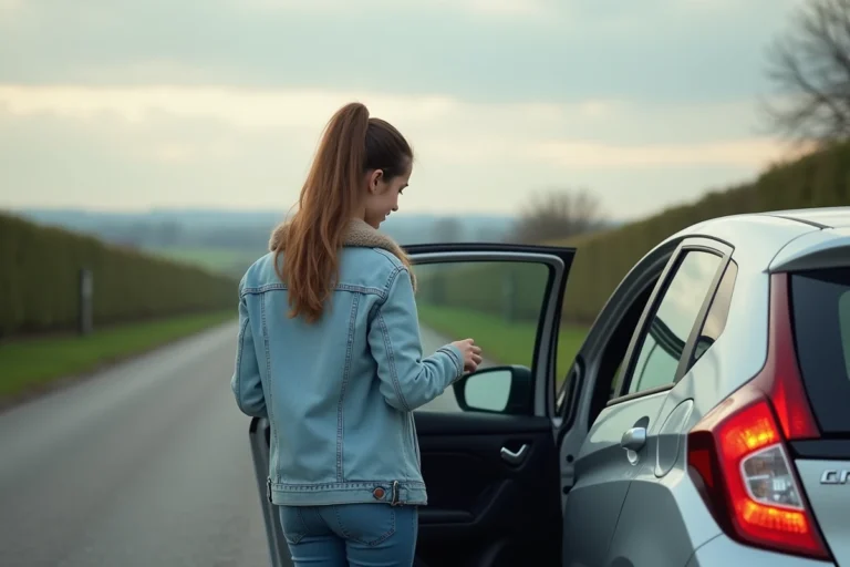 Jeune femme vérifiant le niveau de carburant dans sa voiture