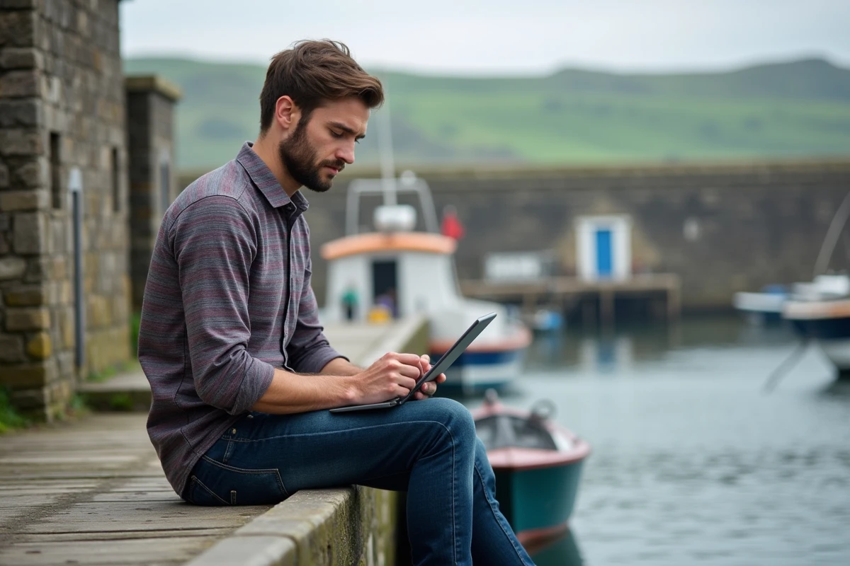 Jeune homme breton sur un port avec bateau et tablette