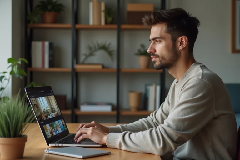Jeune homme assis à un bureau moderne avec ordinateur portable