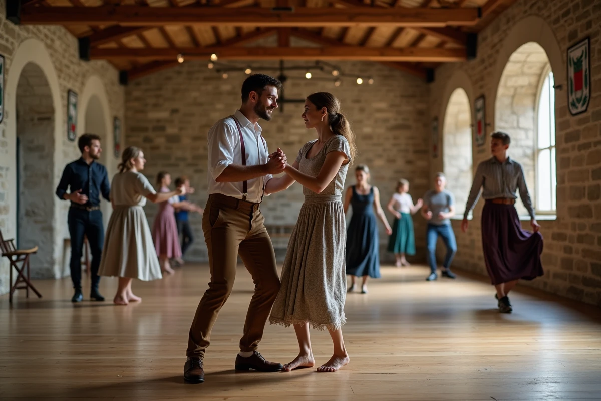 Jeune homme et femme bretons dansant dans une salle ancienne
