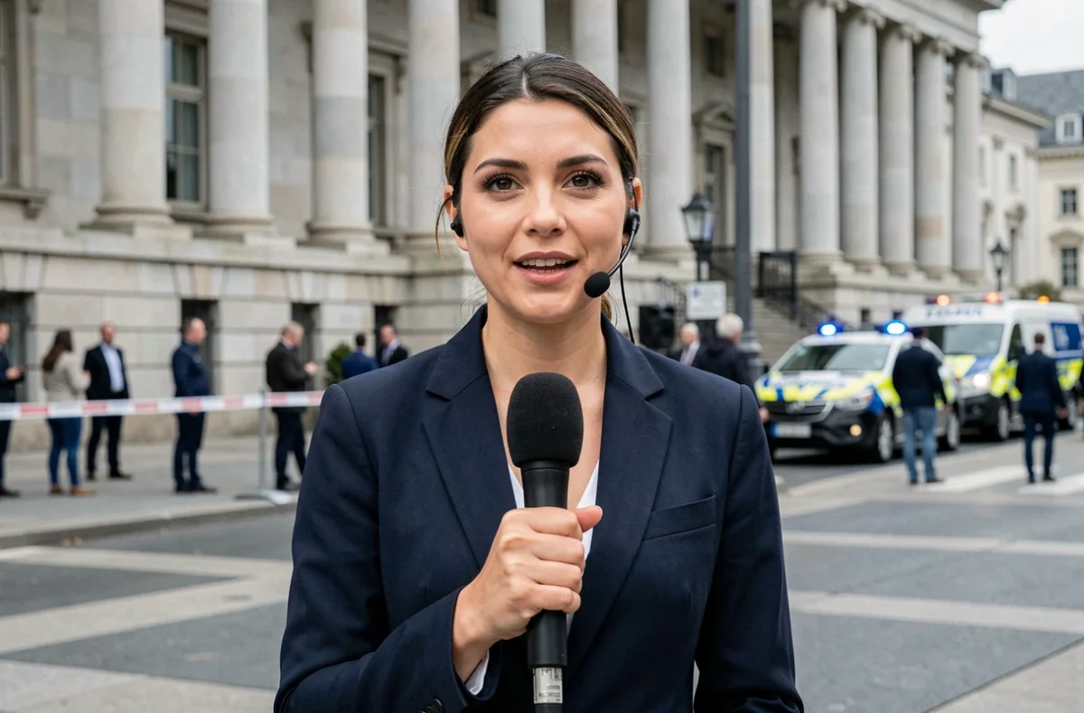 Journaliste féminine en direct devant un bâtiment gouvernemental, microphone en main, couvrant un événement d'actualité internationale en milieu urbain
