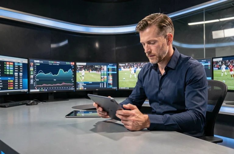 Journaliste sportif masculin en studio de télévision analysant des résultats sportifs en temps réel sur plusieurs écrans