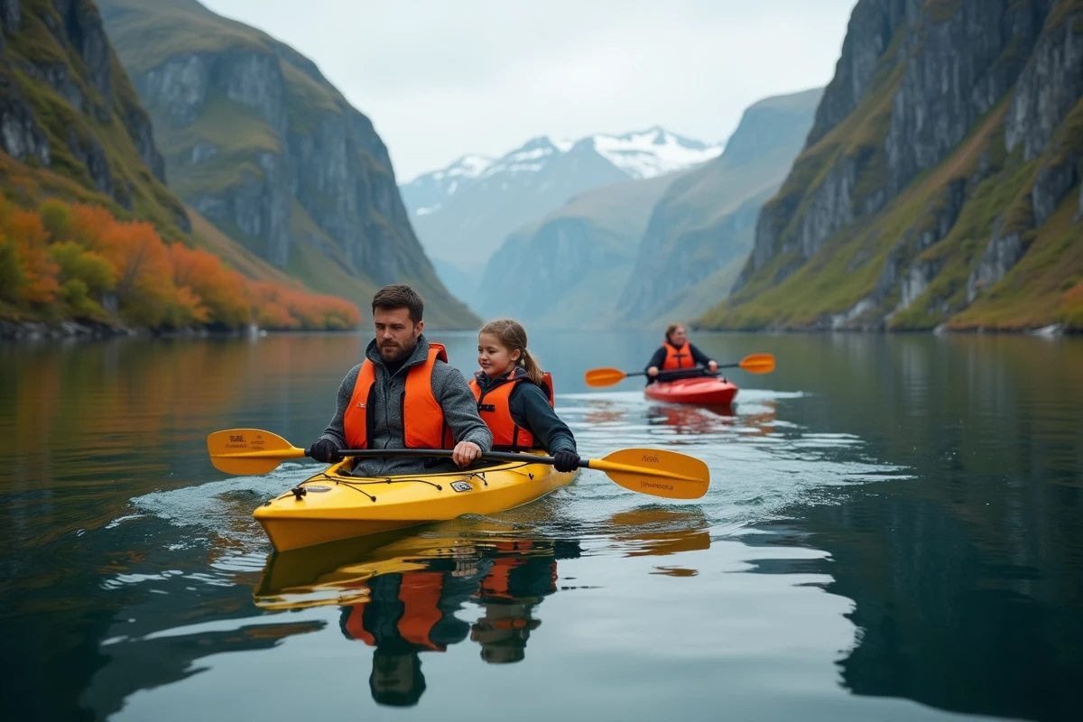Père et adolescente faisant du kayak de mer dans un fjord des îles Lofoten entouré de falaises abruptes