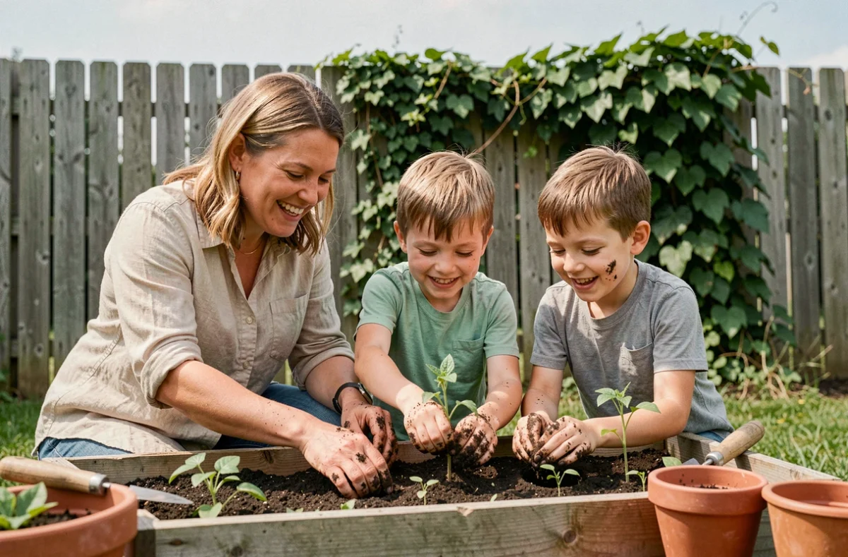 Mère et ses deux fils jardinant ensemble dans un potager familial en plein air un matin de week-end