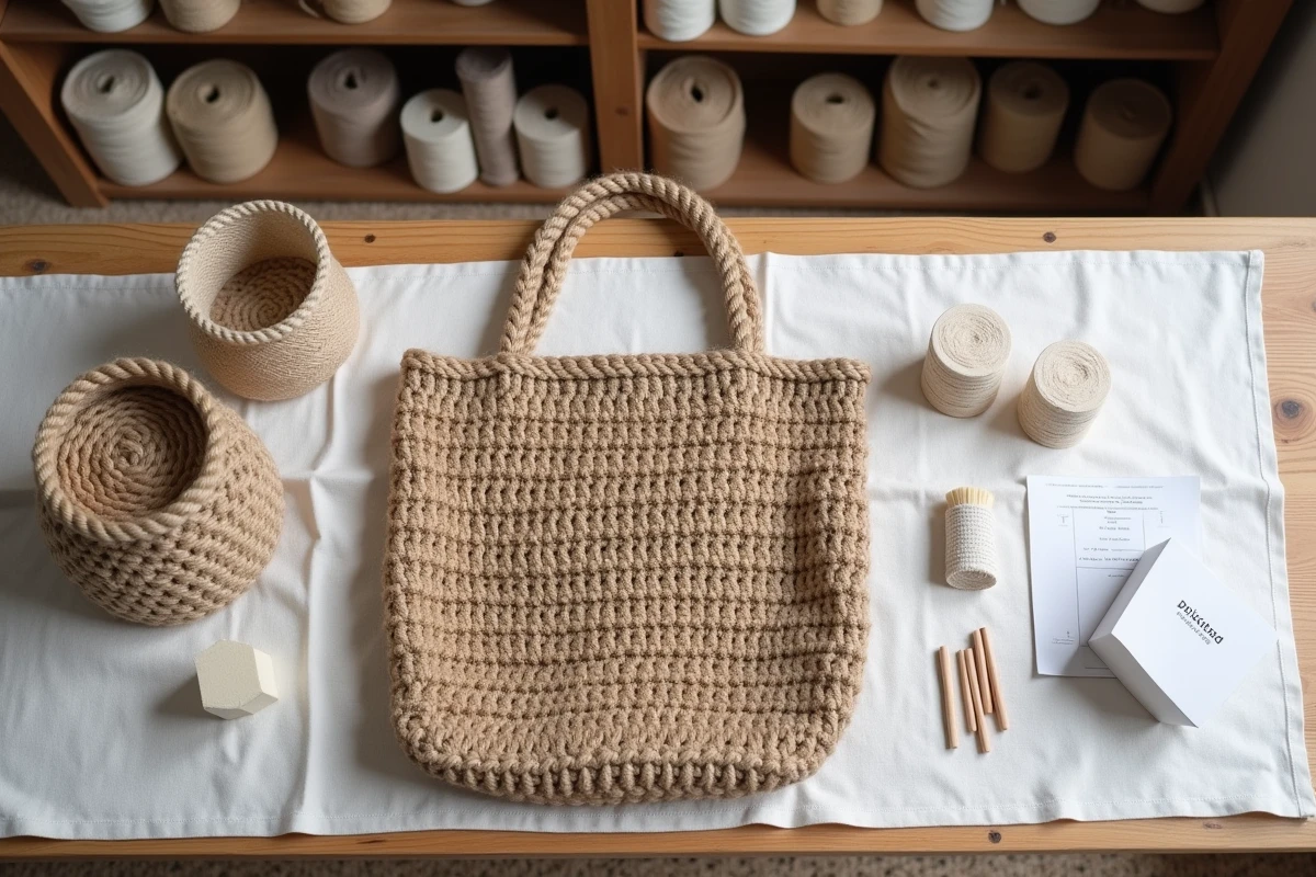 Mise à plat d'un sac au crochet en jute avec accessoires pour le rigidifier et le bloquer en forme