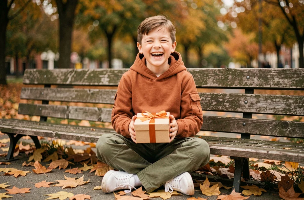 Garçon en hoodie terracotta et cargo kaki tenant un cadeau emballé dans un parc en automne