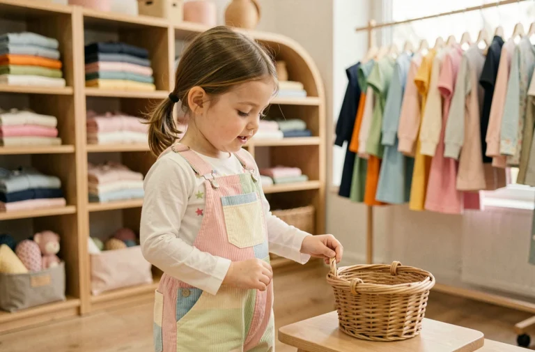 Jeune fille en salopette en velours côtelé pastel dans une boutique de mode enfant tendance