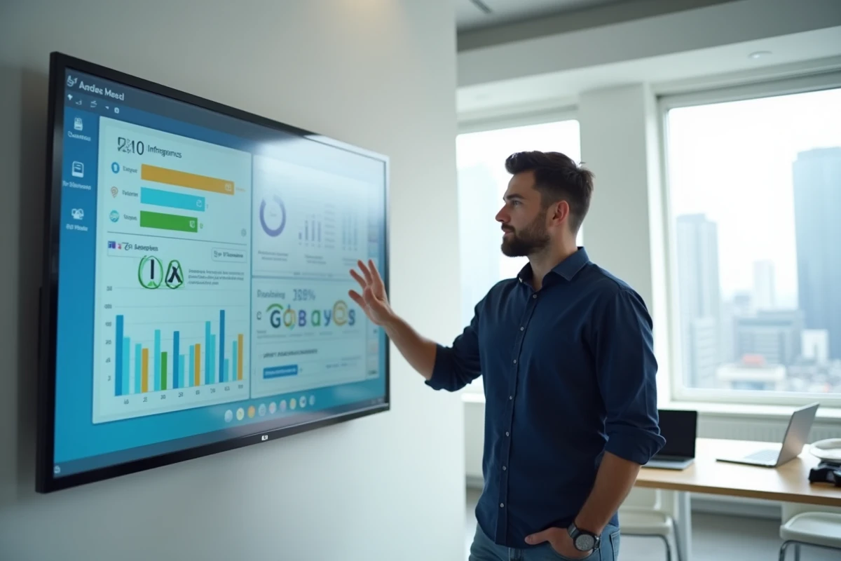 Homme présentant des infographies sur les tendances et nouveautés du web en 2024 dans un espace de coworking
