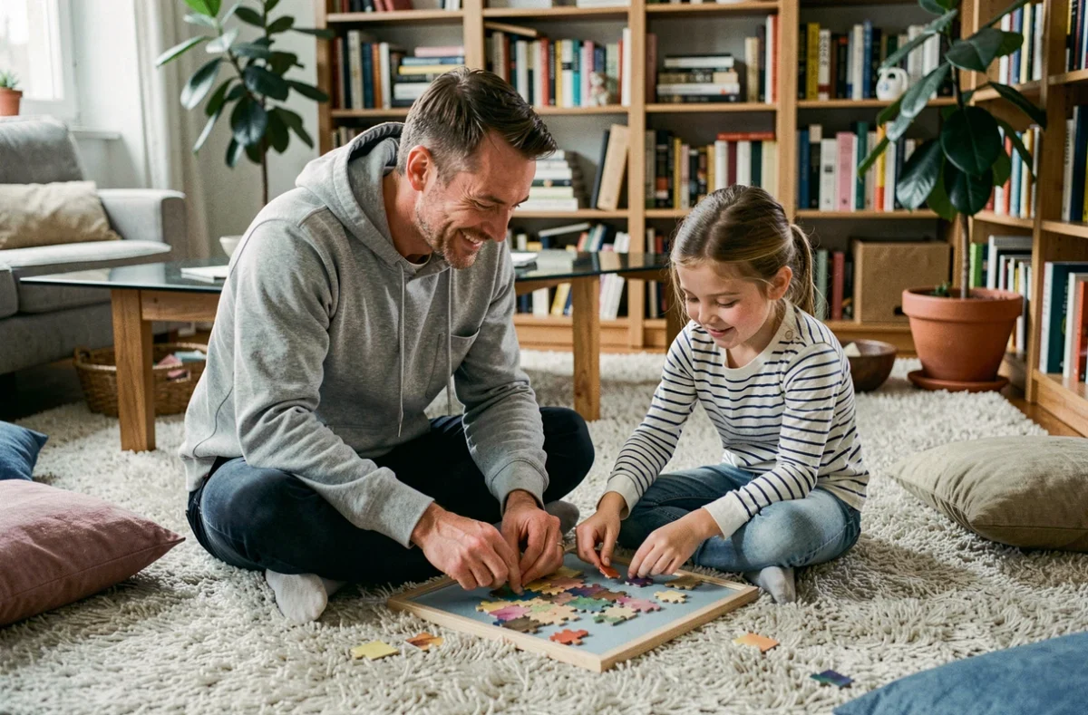 Père et fille jouant ensemble à un puzzle en bois dans un salon familial chaleureux et organisé