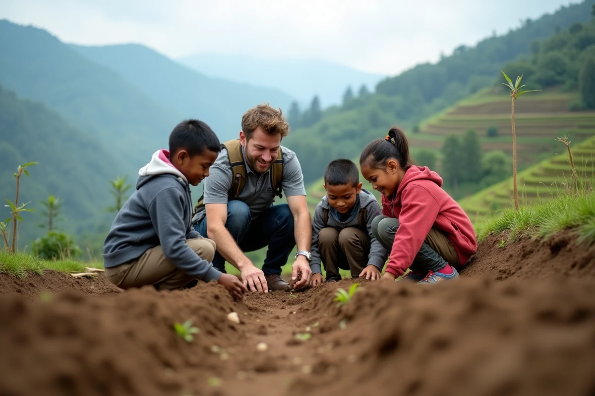 Homme aidant des enfants à planter des arbres dans un champ