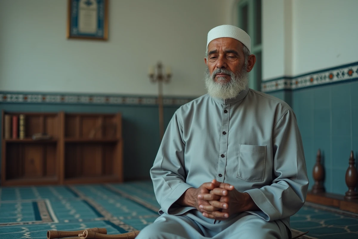 Homme âgé en prière dans une mosquée simple, les mains ouvertes en position de dua, évoquant les bienfaits spirituels de la récitation de la sourate Al Mulk le soir