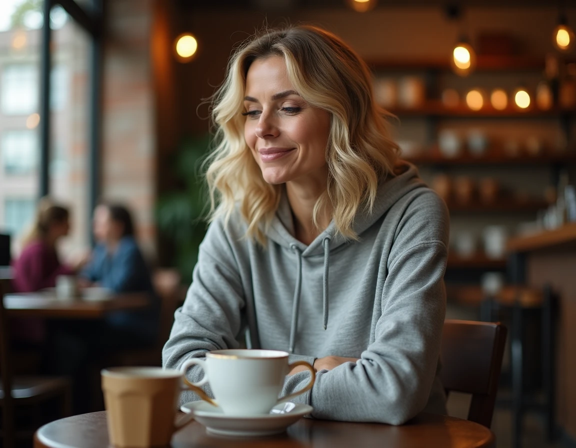 Femme pensive dans un café américain, illustrant le profil discret et introspectif de Rebecca Soteros, figure parentale de Meadow Walker
