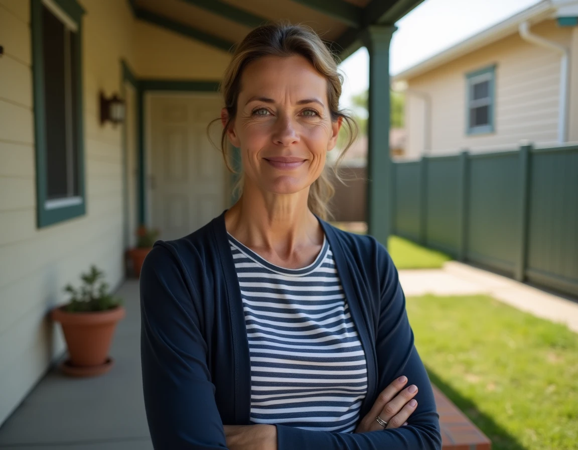 Femme devant une maison pavillonnaire californienne représentant la vie discrète et le quotidien de Rebecca Soteros en Californie