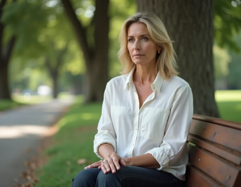 Femme blonde discrète assise dans un parc, évoquant le parcours personnel et la vie privée de Rebecca Soteros, mère de Meadow Walker
