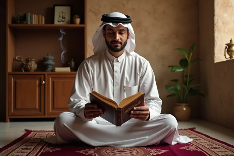 Homme en tenue blanche récitant le Coran sur un tapis de prière le soir, illustrant la lecture de la sourate Al Mulk