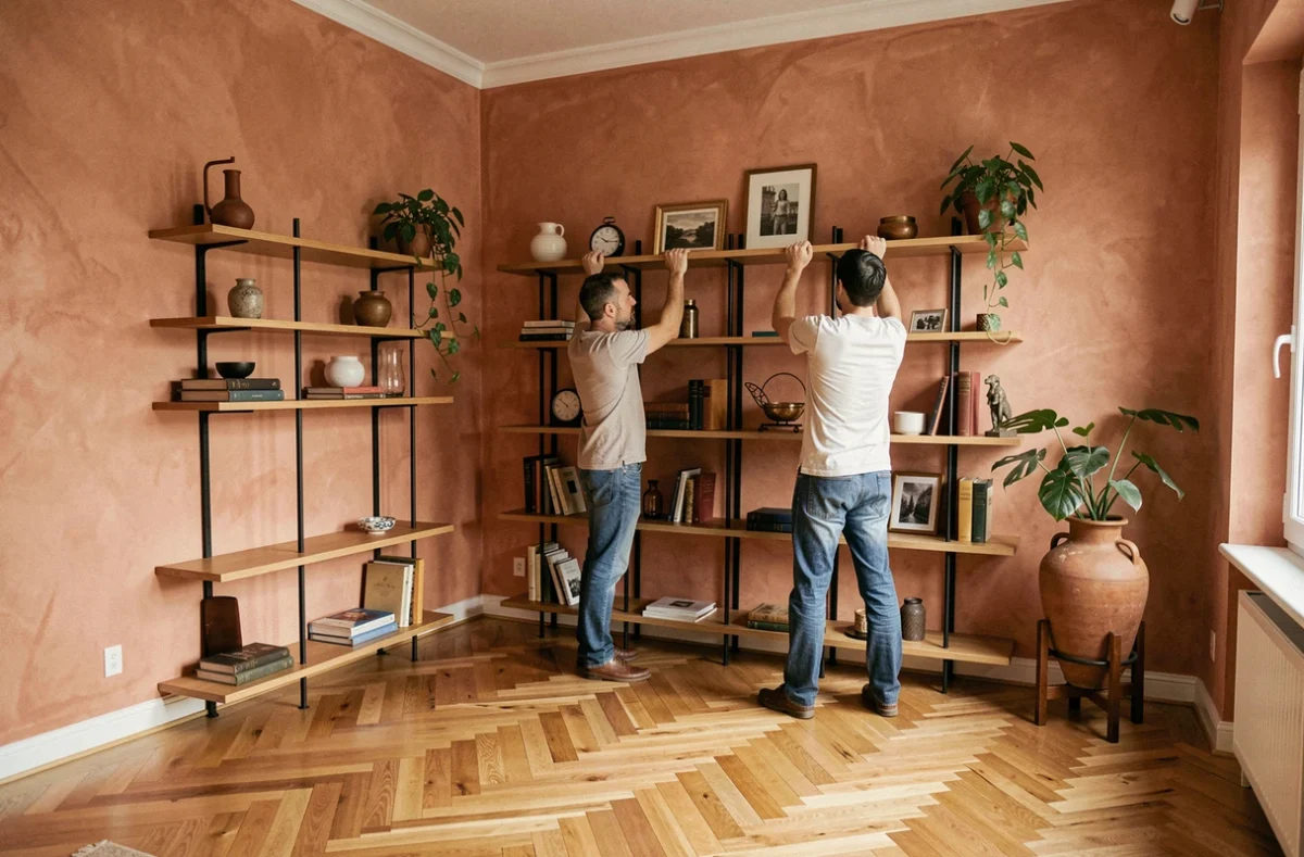 Couple installant des étagères modulables dans un salon rénové avec parquet en chevrons et murs en enduit teinte terracotta, tendance décoration intérieure