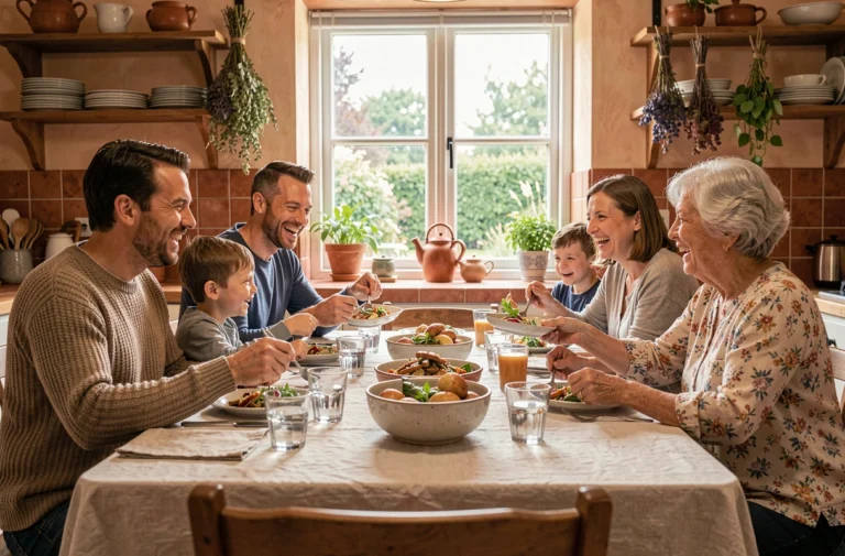 Famille multigénérationnelle réunie autour d'un repas fait maison dans une cuisine chaleureuse et conviviale