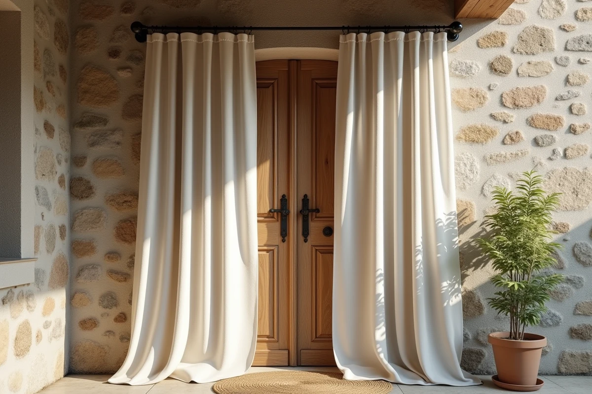 Rideau en coton crème installé devant une porte d'entrée en bois rustique dans un couloir en pierre