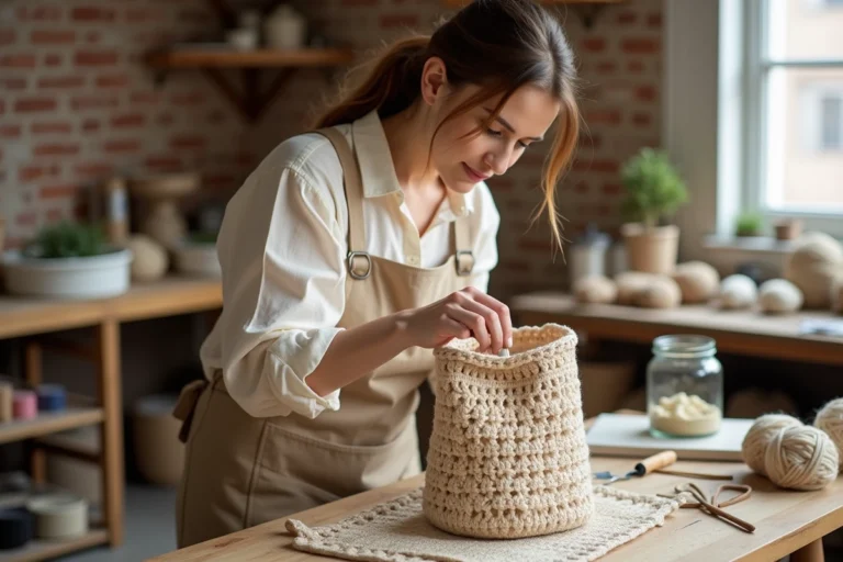 Femme artisane appliquant de l'amidon liquide à l'intérieur d'un sac au crochet fait main pour le rigidifier