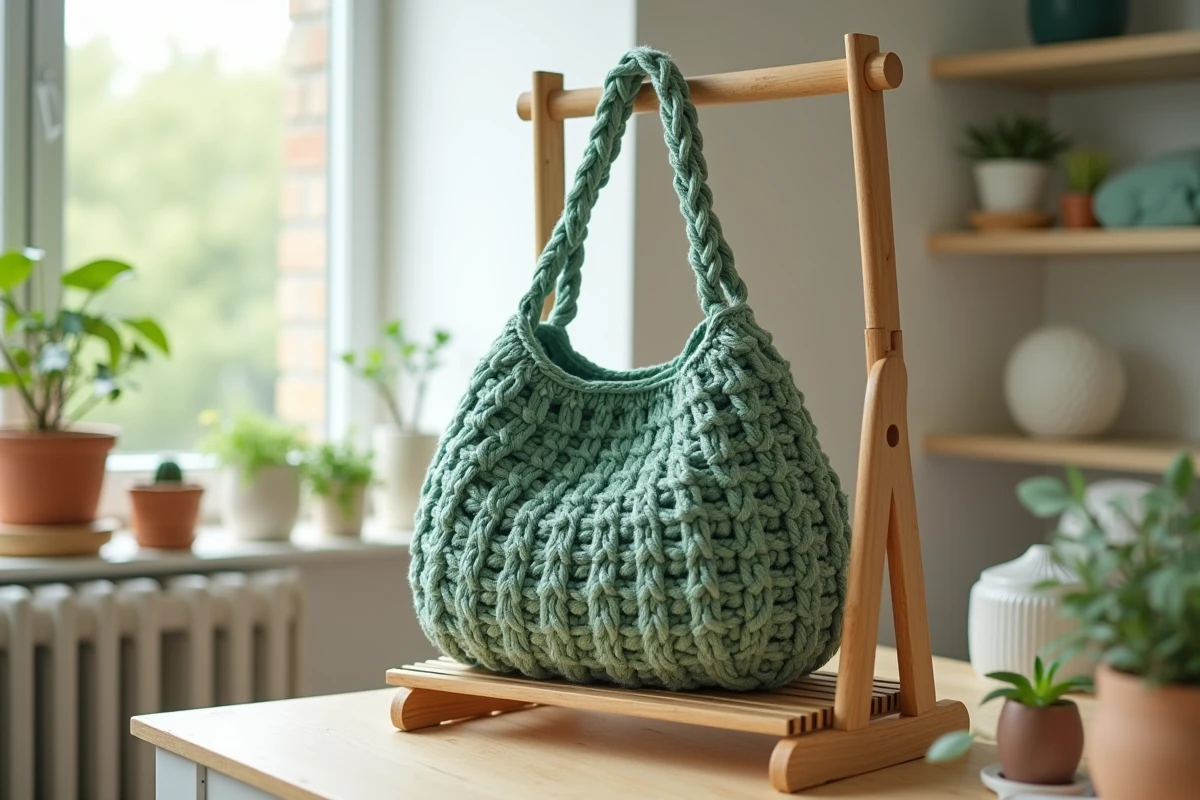 Sac au crochet en coton vert sauge rigidifié et maintenu en forme sur un séchoir en bois avec insert carton
