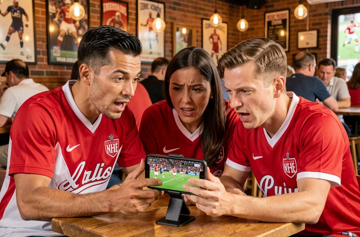 Groupe de supporters adultes dans un bar sportif suivant des résultats en direct sur un smartphone