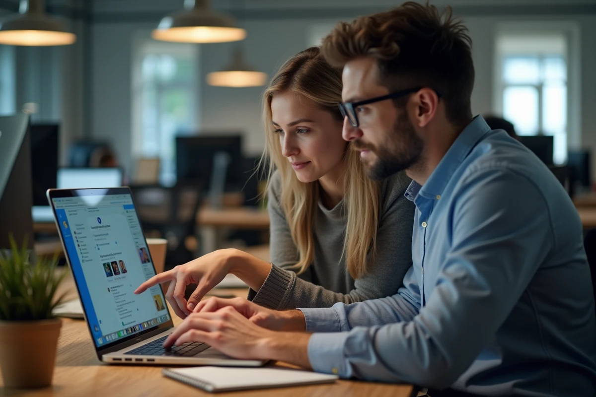 Deux collègues au bureau regardant comment supprimer un sondage sur Messenger depuis un ordinateur portable