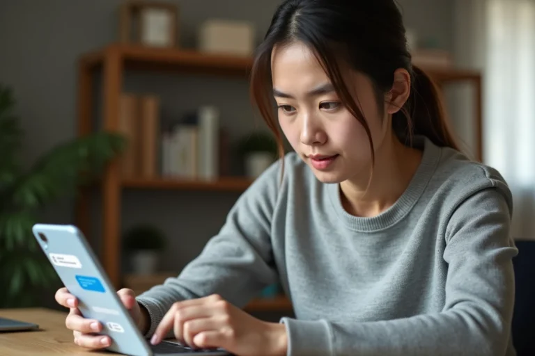 Jeune femme utilisant Messenger sur smartphone pour supprimer un sondage dans une conversation