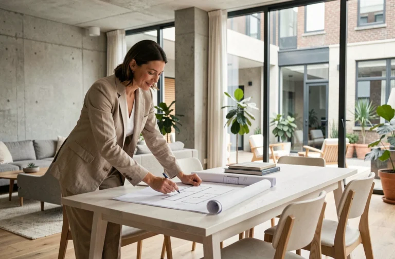 Femme architecte consultant des plans dans un appartement moderne aux murs en béton et grandes fenêtres, illustrant les tendances contemporaines de l'habitat
