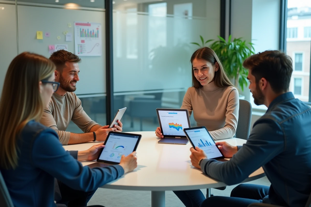 Groupe de professionnels analysant les tendances et innovations web sur tablettes et smartphones en réunion
