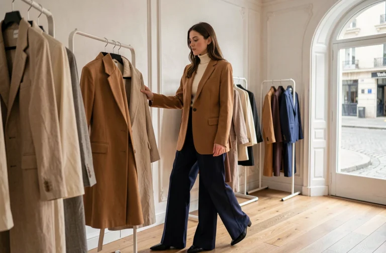 Jeune femme stylée en blazer camel oversize et pantalon wide-leg indigo dans une boutique de mode parisienne minimaliste