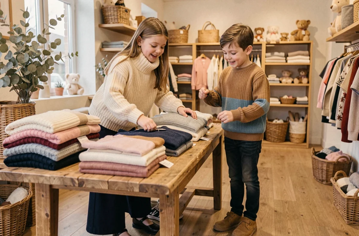 Deux enfants en tenues en maille tendance choisissant des vêtements dans une boutique mode enfant cosy