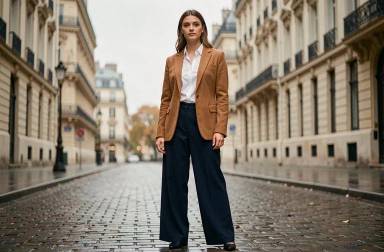 Femme élégante en blazer camel et pantalon large marine dans une rue pavée parisienne, tendances mode automne