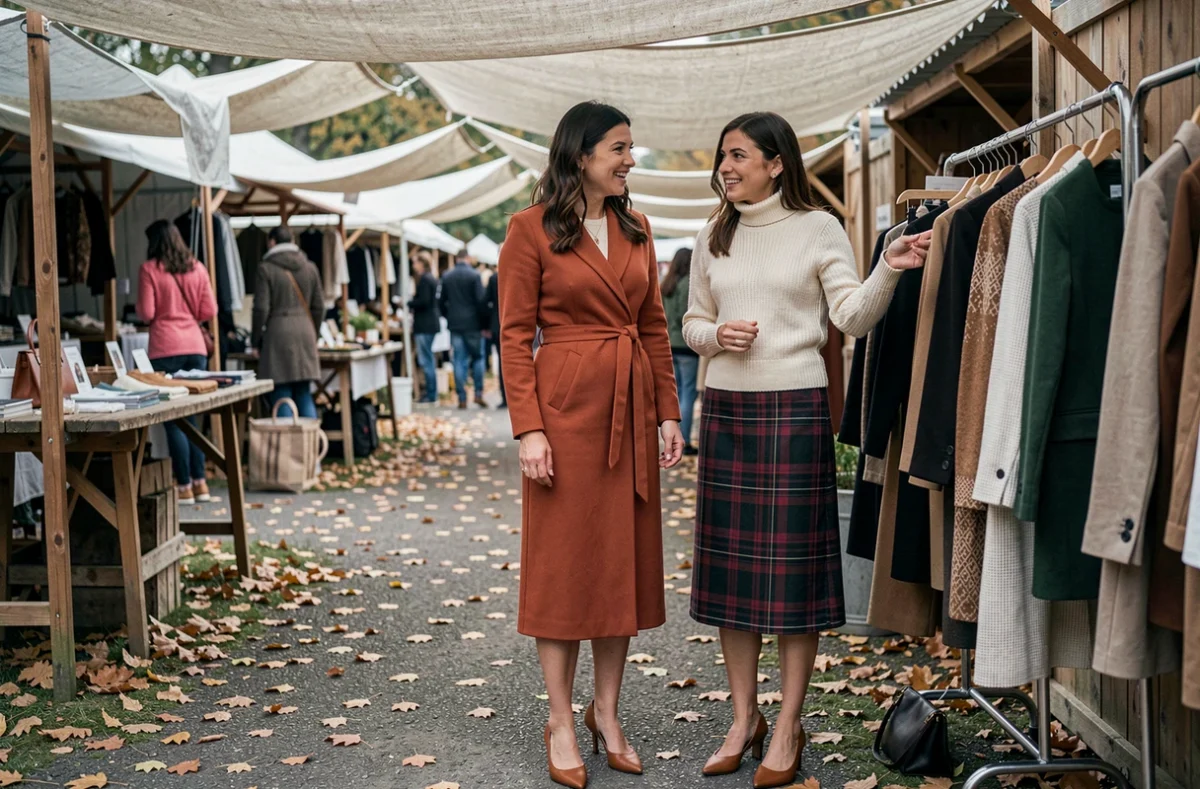 Deux femmes découvrant les tendances mode lors d'un marché pop-up en plein air à l'automne