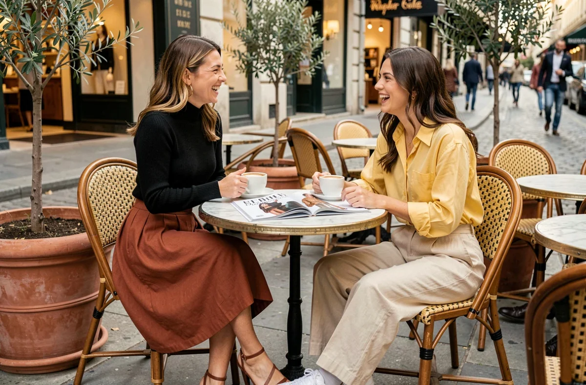Deux femmes en tenues tendances saison assises en terrasse de café parisien, jupe midi rouille et pantalon wide-leg écru