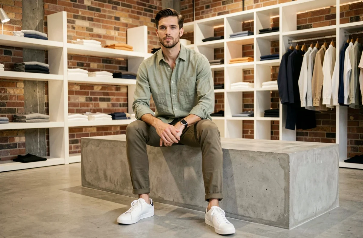 Homme en chemise en lin vert sauge dans un concept store moderne, mode masculine tendance urbaine
