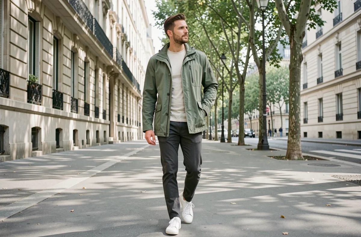 Homme en veste technique vert sauge et chino anthracite marchant dans une rue parisienne haussmannienne tendance printemps